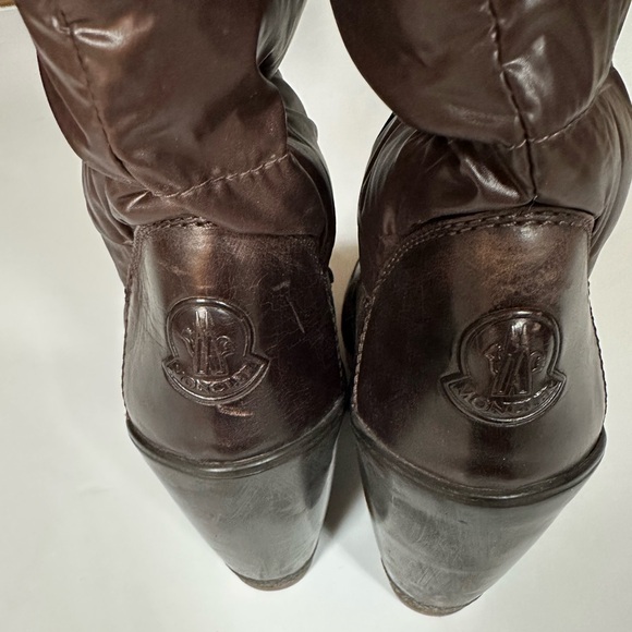GUC MONCLER BROWN LEATHER DOWN QUILTED NYLON SHAFT TALL SIZE 39 WEDGE PUFF BOOTS - Picture 10 of 15
